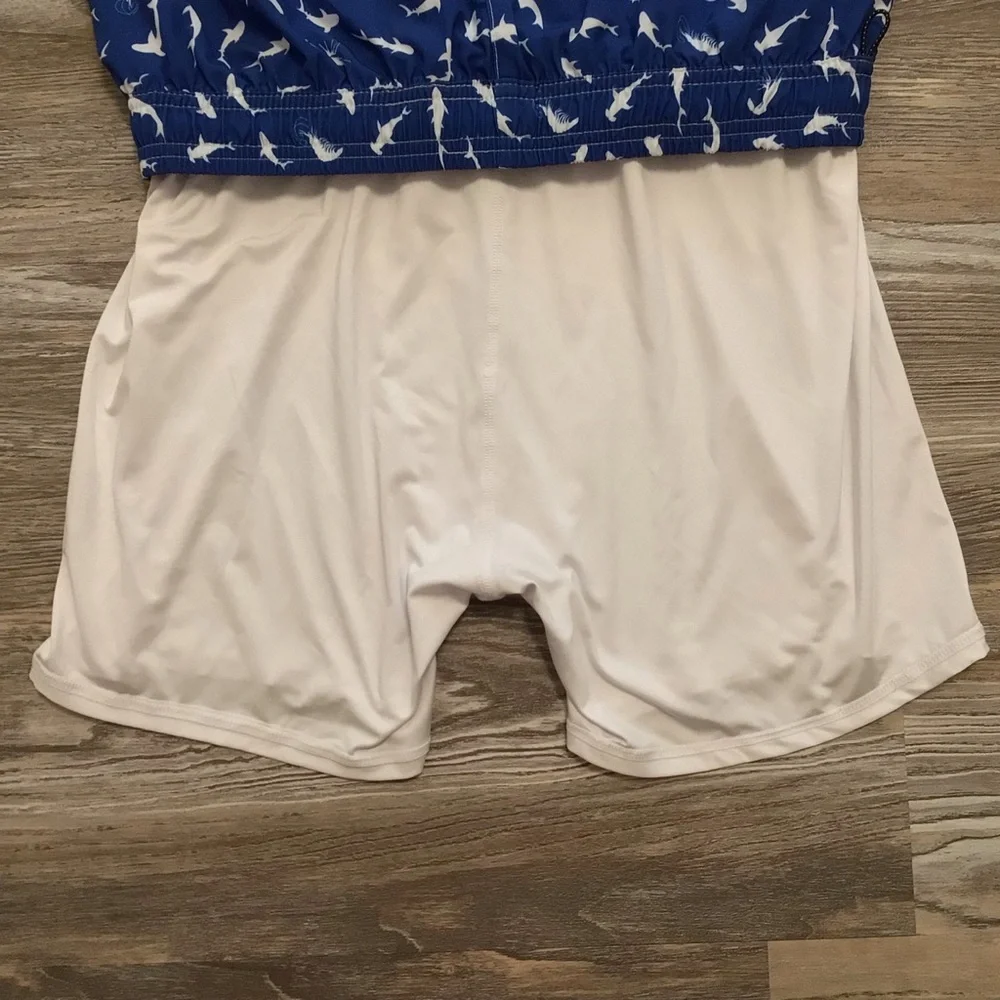 SHEIN Blue and White Shark Print Swim Trunks Built In Boxer Brief Medium